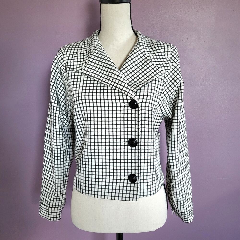 CAbi Osaka Nights Ivory & Black Windowpane Ponte Knit Button Down Jacket Blazer